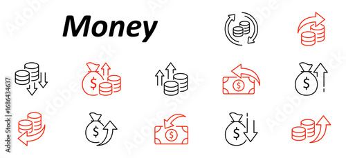Money set icon. Coins, cash bills, arrows, bags, and financial exchange symbols shown with up and down indicators in dual-color outline design focused on economy and transactions
