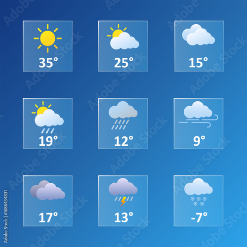 Weather forecast icon set. Flat square symbols for sunny, cloudy, rainy, windy, snowy, overcast, thunderstorm, and mixed conditions with temperatures on a blue gradient background.