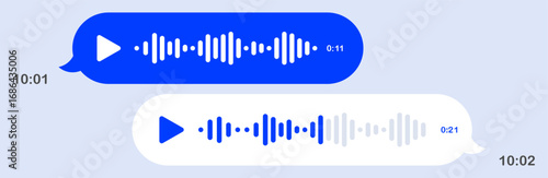 Messaging icon. Voice messages in chat interface, light theme, sound waveforms, play controls, conversation screen, digital reply, mobile UI, clean layout, timestamp, user dialog.