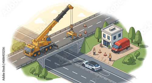 Construction and maintenance work on elevated highway bridge with crane and workers during daytime