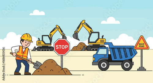 Construction Site with Excavators and Worker Managing Earthworks and Road Maintenance Activity