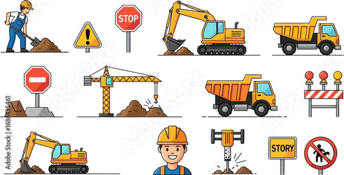 Construction site with heavy machinery and workers actively engaged in roadwork activities and