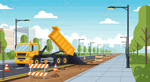 Construction Vehicle Excavating and Repairing Urban Road Surface with Traffic Control Barriers