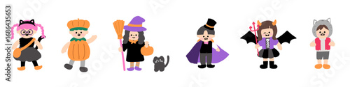 ハロウィンで仮装をしたかわいい子どもたち　ベクターデータはパーツごとに分解可能