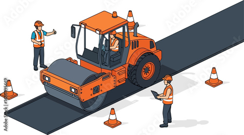 Construction workers operating heavy-duty road roller on asphalt paving project with safety cones