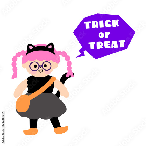 黒猫の仮装をしたかわいい女の子のハロウィンアイコン