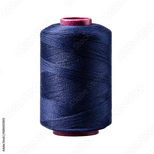 Dark navy blue spool of thread, cylindrical shape, with reddish-purple caps