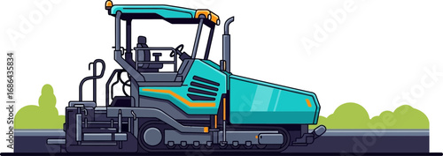 Illustration of a modern roadwork excavator operating on paved highway at night