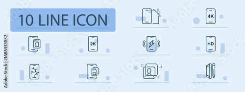 Smartphone feature set icon. Display specs, resolution, battery, SIM, broken screen, face ID, charging, and interaction visuals in mobile device-related outlines