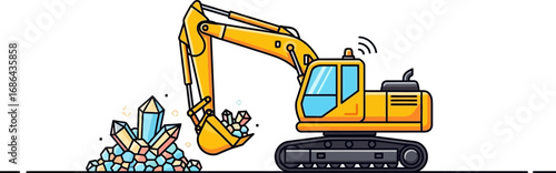 Illustration of a yellow construction excavator performing roadwork activities on a dark background