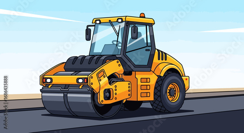 modern construction vehicle compacting asphalt on road during infrastructure development work
