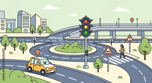 Urban traffic control with signal lights at busy intersection during daytime traffic flow management