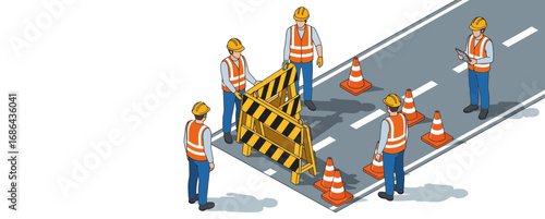 Workers Managing Road Closure and Construction Barricades on a City Street during Maintenance