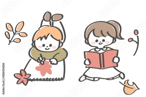 秋にお絵かきや読書を楽しむ子どもたち