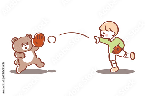 キャッチボールをする男の子とくま