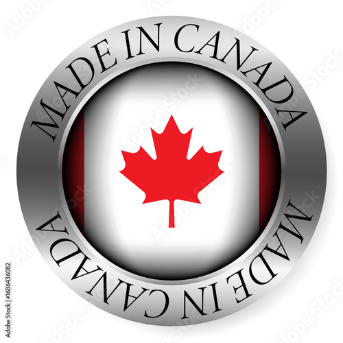 Made in Canada button icon. Circular emblem with metallic border, glossy central flag, and bilingual label indicating product origin and international manufacturing identity.