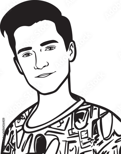 Handsome Man Black and White Illustration Vector Image Male Portrait Fashion Sketch Line Art Design