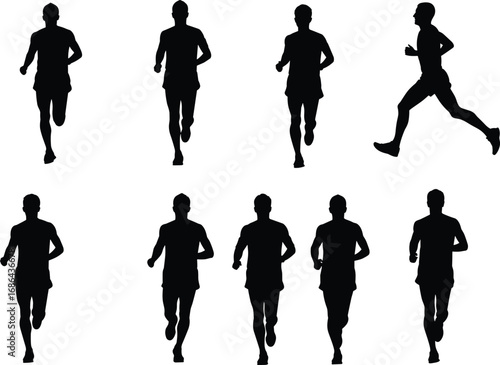 Running silhouette illustration, athletic motion sequence, human stride breakdown, dynamic runner pose, sports training vector, fitness movement cycle, sprinting posture design