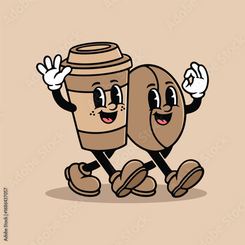 Retro Coffee Cup and Bean Mascot Illustration, Cute Cartoon Cafe Character Design