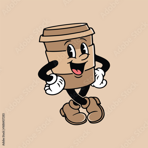 Retro Coffee Cup Mascot Illustration, Cute Cartoon Cafe Character Design