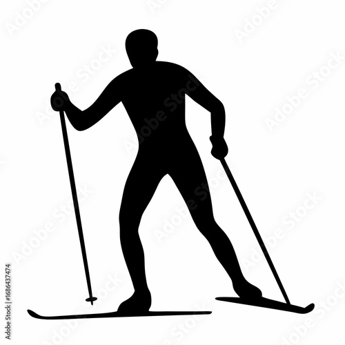 Silhouette image of a cross country skier with ski poles on snow