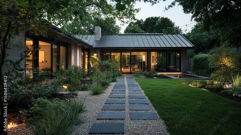 Fototapeta premium Modern house exterior evening