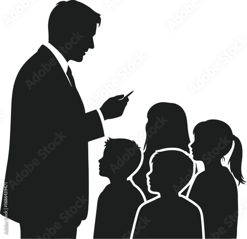 Silhouette of a teacher with students, representing education, learning, and interaction between educators and pupils