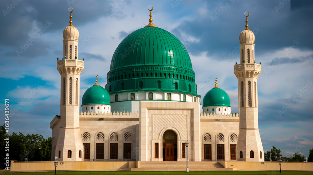 Obraz premium A photograph of a modern mosque with a large emerald green dome and two tall minarets. The central dome is flanked by two smaller domes of the same color, creating a symmetrical desig