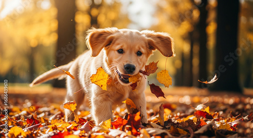 An adorable golden retriever puppy playfully bites a mouthful of colorful autumn leaves in a sunlit park.