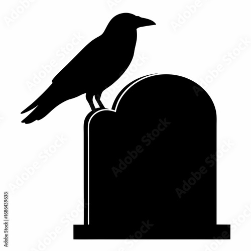 A Black Raven Perched Atop a Tombstone Silhouette Isolated on White
