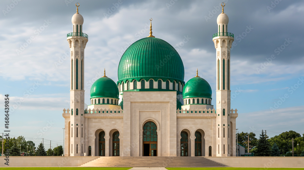 Obraz premium A photograph of a modern mosque with a large emerald green dome and two tall minarets. The central dome is flanked by two smaller domes of the same color, creating a symmetrical desig