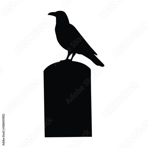 Silhouette of a raven perched on a tombstone in black and white
