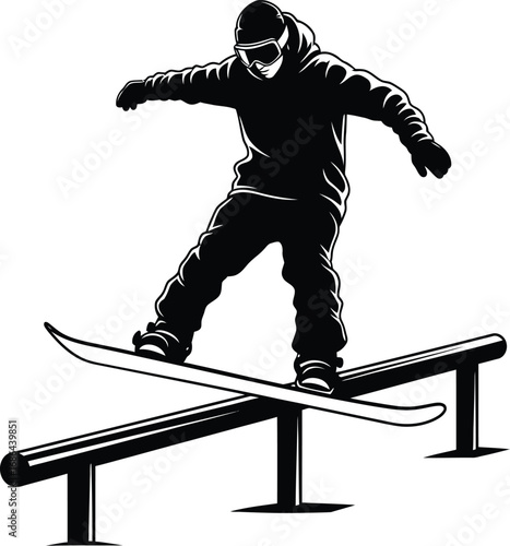 A snowboarder grinds a rail, showcasing skill and balance in this thrilling winter sport action shot