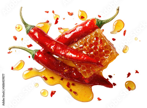 Red chili peppers and honey, a vibrant food image