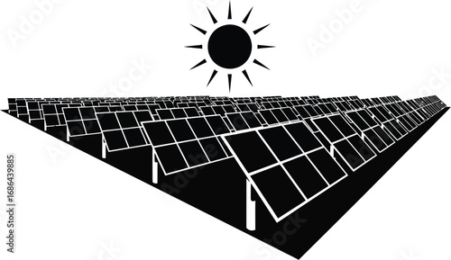 Solar panel farm illustration, showcasing renewable energy, sustainability, and environmental conservation with a sun symbol