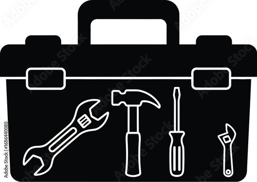 Toolbox illustration, representing repair, construction, and maintenance with various tools inside in black and