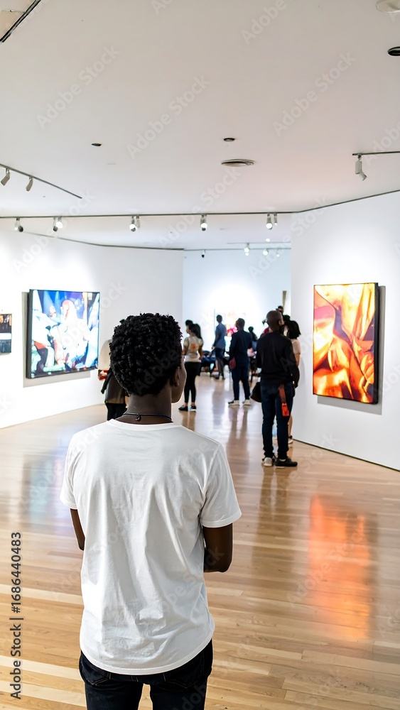 Fototapeta premium Art gallery interior with visitors viewing abstract paintings