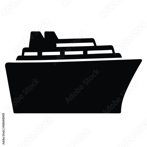 Black silhouette of a cruise ship at sea, floating on water