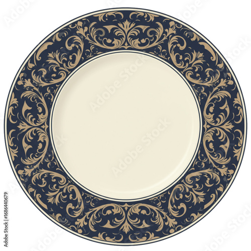 Elegant Dark Blue Decorative Dinner Plate with Gold Scroll Pattern, Isolated White Background