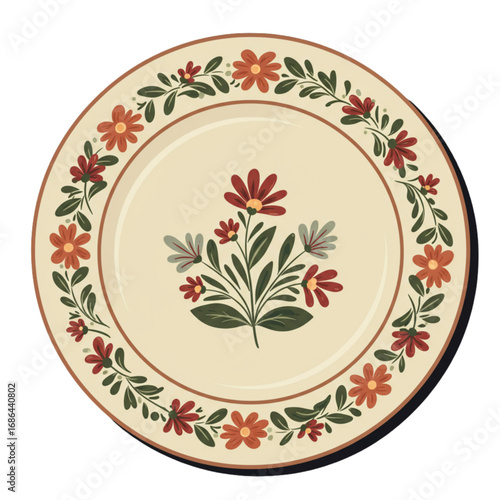 Beige Decorative Plate with Colorful Floral Bouquet and Scattered Flowers Pattern on Isolated White Background