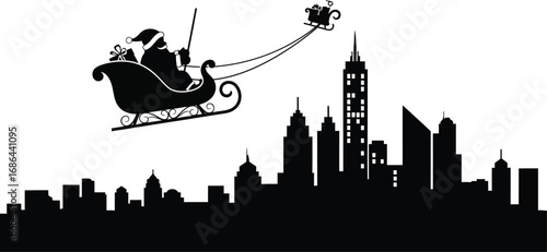 Santa claus in his sleigh flying over city skyline, delivering gifts for christmas celebration