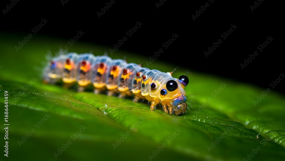 Fototapeta premium Translucent caterpillar crawling on a vibrant green leaf in a dark background