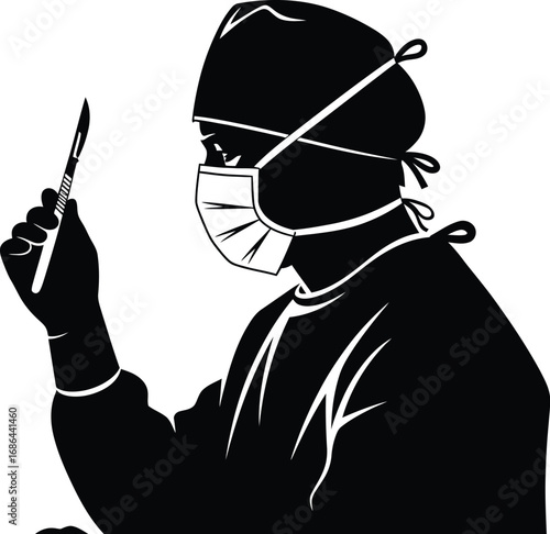Silhouette of a surgeon holding a scalpel, ready for surgery doctor is wearing a surgical mask and cap