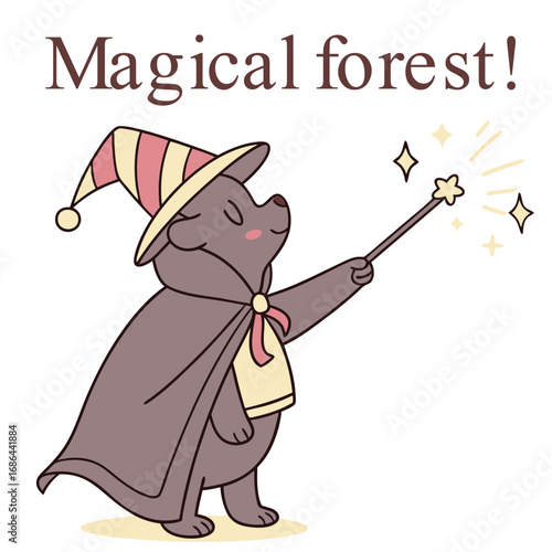Cute Vector Illustration of a Bear Wizard with Magical Wand in Modern Cartoon Style Using Soft Brown and Pink Colors