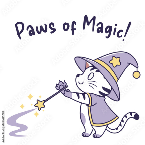Vector Illustration of a Cute Cat in Wizard Costume in Modern Whimsical Style with Purple and Yellow Colors