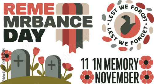Remembrance Day Illustration Tombs, Poppies, Dove of Peace, and Lest We Forget November 11th Message