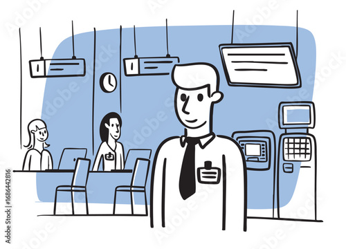 Bank branch and bank employees. Financial advisors providing services at a bank branch, such as opening a deposit account, taking out a loan, paying bills. 