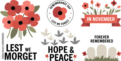 Remembrance Day Illustration with Poppies, Doves, Gravestones, Text Lest We Forget, Forever Remembered, Hope and Peace