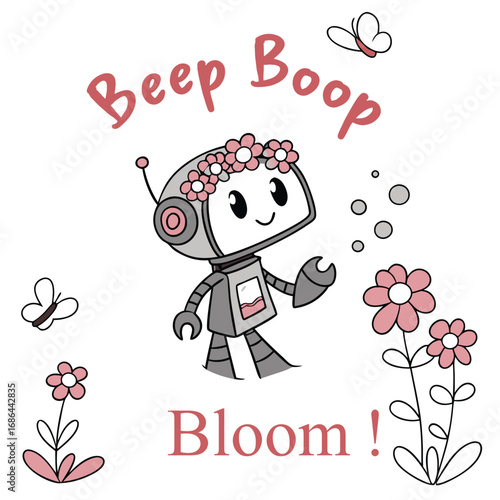 Cute Cartoon Vector Illustration of Robot Character with Floral Elements in Modern Playful Style with Pink and Gray Colors for Children's Design