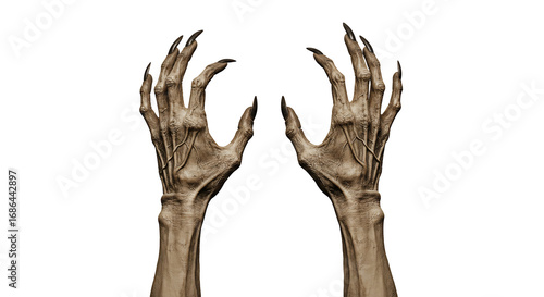 Creepy monster hands reaching up isolated on transparent background